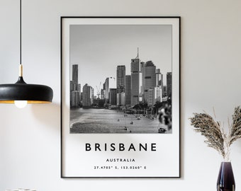 Brisbane Travel Print, Brisbane Travel Poster, Australia Travel Poster, Travel Art Print, Black and White Art, Coordinates Poster