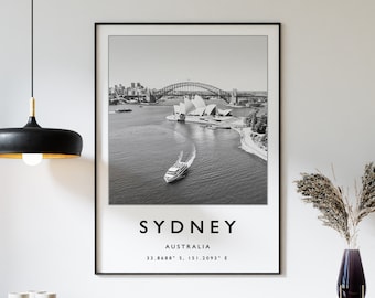 Impression de voyage à Sydney, affiche de voyage à Sydney, affiche de voyage en Australie, impression d'art de voyage, art noir et blanc, affiche de coordonnées