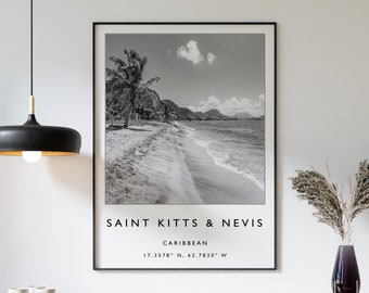 Saint Kitts and Nevis Travel Print, Caribbean Travel Poster, Caribbean Travel Print, Travel Art Poster, Black & White, Travel Gift, A2/A3/A3