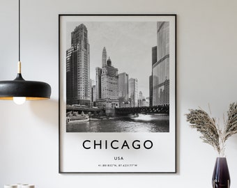 Chicago Travel Print, Chicago Travel Poster, USA Print, Travel Art, Travel Decor, Black and White, Photographic Print