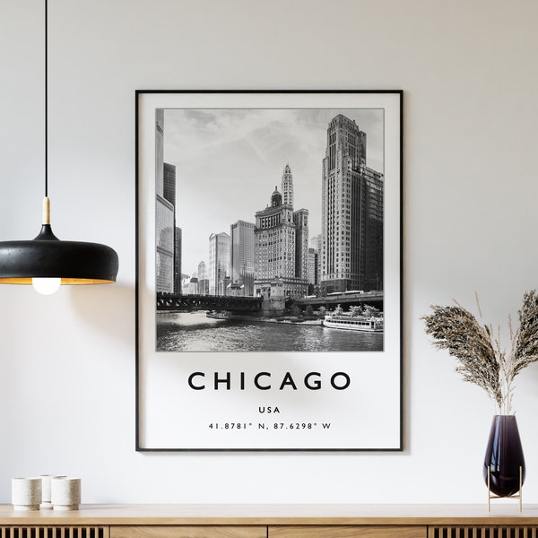 Chicago Travel Print, Chicago Travel Poster, USA Print, American Travel Art, Travel Decor, Black and White Photographic Art, Fashion