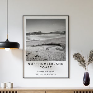 Northumberland Travel Print, Northumberland Travel Poster, Sea Travel Print, Travel Art, Travel Poster, Black and White, Gift, A2/A3/A4