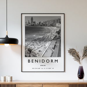 Benidorm reisafdruk, Benidorm, Spanje reisposter, Spanje reisafdruk, reiskunst, reisposter, zwart-wit, reiscadeau, A2/A3/A3