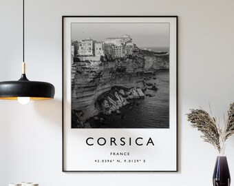 Corsica Travel Poster: Black and White Minimalist Print
