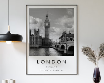 London Poster, London Reisedruck, England Reiseplakat, Reisedekor, Minimalistisches Reiseplakat, schwarz und weiß, Geschenk, A1/A2/A3/A4