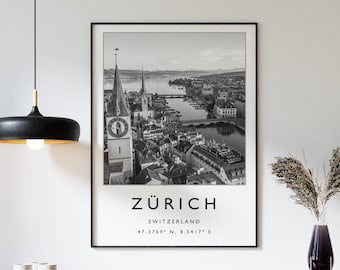 Póster de viaje de Zúrich: Impresión en blanco y negro de la ciudad suiza
