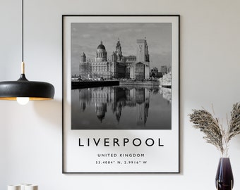 Liverpool Travel Print, Liverpool Travel Poster, English City Travel Print, Travel Art, Travel Poster, Black and White, Gift, A2/A3/A4