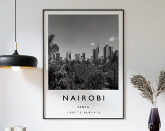 Plakat podróżniczy do Nairobi i Kenii: Czarno-biała sztuka pejzażu miejskiego