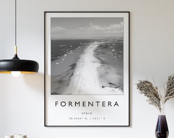 Formentera Beach Print: Black and White Spain Travel Poster