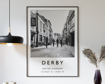 Derby Travel Print, Derby England Travel Poster, UK Travel Print, Travel Art, Travel Poster, Black and White, Gift, A2/A3/A4