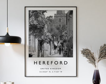 Impression de voyage Hereford, affiche de voyage Hereford en Angleterre, impression de voyage en Angleterre, art du voyage, affiche de voyage, noir et blanc, cadeau, A2/A3/A4