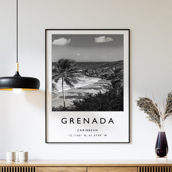 Grenada Print, Grenada Travel Poster, Caribbean Travel Print, Caribbean Print, Black and White Travel Poster, Travel Art, Travel Gift