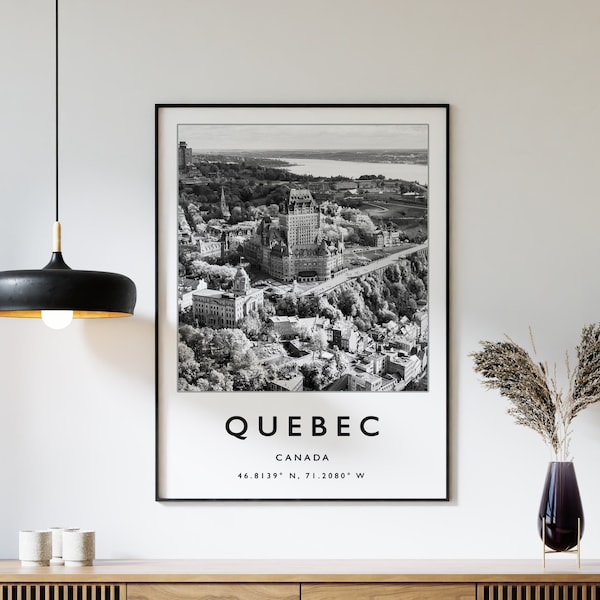 Impression de voyage au Québec, affiche de voyage au Québec, affiche de voyage au Canada, impression d'art de voyage au Canada, art noir et blanc, affiche de coordonnées