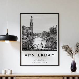 Póster de viaje de Ámsterdam, impresión de viaje de Ámsterdam, blanco y negro, ciudades, ciudad, París, regalo, coordenadas, fotografía vintage, arte mural