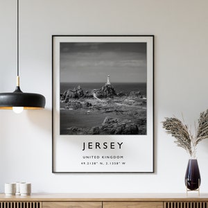 Jersey reisprint, Jersey Engeland reisposter, Jersey kustreizen print, reiskunst, reisposter, zwart-wit, cadeau, A2/A3/A4