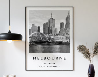 Melbourne Travel Print, Melbourne Travel Poster, Australia Travel Poster, Travel Art Print, Black and White Art, Coordinates Poster