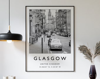 Glasgow Scotland Travel Print: Black and White Cityscape Art