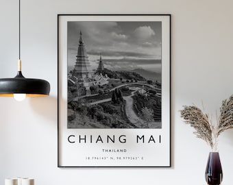 Chiang Mai Thailand Travel Poster: Black and White City Print