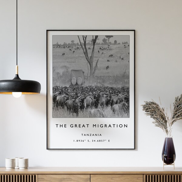 The Great Migration Travel Print, Tanzania Travel Poster, Africa Travel Print, Travel Art, Travel Poster, Black and White, Gift, A2/A3/A3