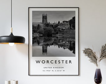 Worcester Travel Print, Worcester England Travel Poster, UK Travel Print, Travel Art, Travel Poster, Black and White, Gift, A2/A3/A4