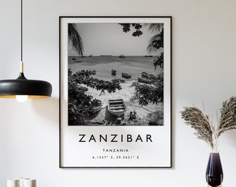 Sansibar Reiseposter: Minimalistischer Schwarz-Weiß Tansania Print