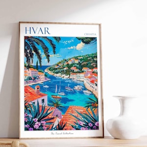 Affiche de Hvar, impression de voyage en Croatie, décoration européenne, affiche de voyage en Europe, art mural Hvar, impression mer, cadeau Hvar, affiche de voyage Hvar