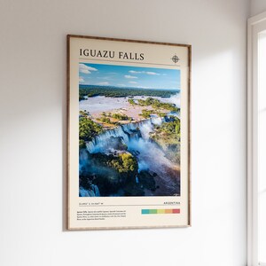 May include: A poster featuring a photograph of Iguazu Falls in Argentina. The poster includes a compass icon, the text "Iguazu Falls", and the coordinates "25.6933° S, 54.4347° W".