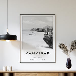 Reisafdruk Zanzibar, poster Zanzibar, reisafdruk Tanzania, Tanzaniaanse print, zwart-wit reisposter, reiskunst, reiscadeau