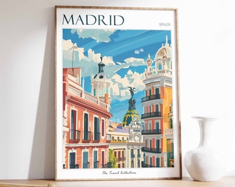 Póster de viaje de Madrid: Impresión de paisaje urbano colorido, arte mural español
