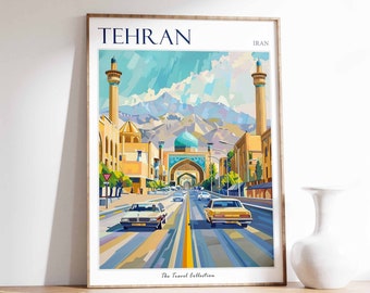May include: A colourful illustration of a street scene in Tehran, Iran. The image features a street lined with buildings, including a mosque with a blue dome. The street is lined with cars and has a yellow dividing line. The text "TEHRAN" and "IRAN" are at the top of the image. The text "The Travel Collection" is at the bottom of the image.