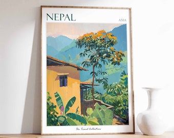Affiche du Népal, impression de voyage au Népal, décoration népalaise, art mural botanique, affiche de voyage orientale, art asiatique, cadeau népalais, art du Népal