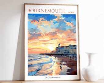 Bournemouth poster, Bournemouth reizen print, Dorset poster, Bournemouth reizen poster, strand kunst, Bournemouth geschenk, kust decor