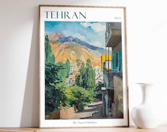 May include: A vintage travel poster featuring a colourful illustration of a street scene in Tehran, Iran. The poster has the text "TEHRAN" in a green font at the top and "The Travel Collection" at the bottom.