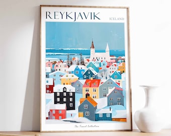 Plakat podróżniczy do Reykjaviku na Islandii: wydruk artystyczny z pejzażem miejskim w stylu nordyckim