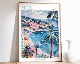 Belle affiche, impression voyage Nice France, affiche de voyage en France, décoration tropicale, art de la plage, cadeau de voyage, imprimé floral, décoration côtière