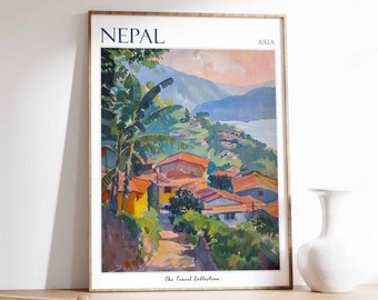 Affiche du Népal, impression de voyage au Népal, décoration népalaise, art mural botanique, affiche de voyage orientale, art asiatique, cadeau népalais, art du Népal