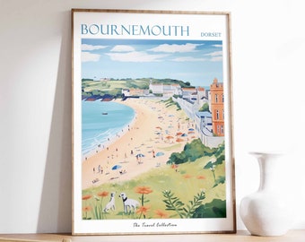 Bournemouth poster, Bournemouth reizen print, Dorset poster, Bournemouth reizen poster, strand kunst, Bournemouth geschenk, kust decor