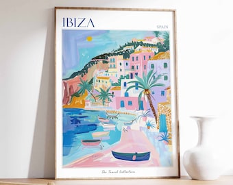 May include: A colorful illustration of a seaside town in Ibiza, Spain. The image features pastel-colored buildings, palm trees, and boats in a turquoise bay. The text "IBIZA" and "SPAIN" are displayed at the top of the image, and "The Travel Collection" is at the bottom.