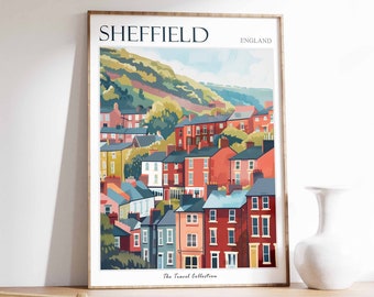May include: A colorful illustration of a cityscape with red, green, and blue buildings. The text "SHEFFIELD ENGLAND" is at the top of the image. The text "The Travel Collection" is at the bottom of the image.