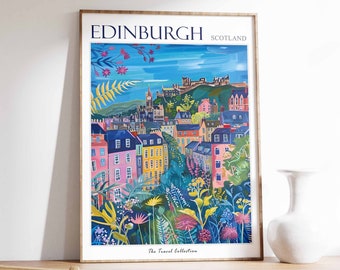Edinburgh Travel Poster, Edinburgh Travel Print, Scotland Poster, Scottish Travel Print, Botanical Wall Art, Edinburgh Gift, Scotland Art