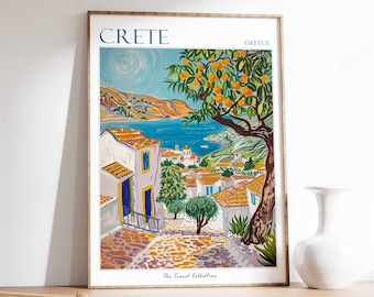Crete Poster, Crete Travel Print, Greek Travel Poster, Tropical Decor, Beach Art, Travel Gift, Floral Print, Coastal Decor, Coast Wall Art