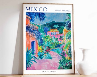 メキシコ旅行ポスター：熱帯植物の壁アート