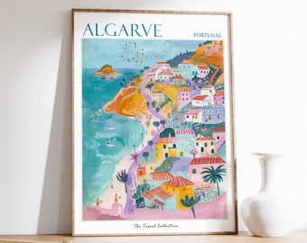 Algarve Poster, Algarve Travel Print, Portugal Travel Poster, Tropical Decor, Beach Art, Travel Gift, Floral Print, Botanical Print, Sea Art