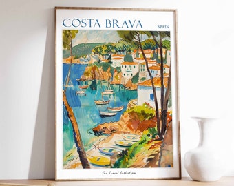 May include: A vintage travel poster featuring a watercolor illustration of a coastal town in Costa Brava, Spain. The poster has the text "Costa Brava" and "Spain" in blue lettering. The illustration depicts a bay with boats and a hillside with white buildings.