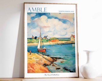 Amble Poster, Amble Travel Print, Northumberland Poster, Amble Coast Art, Beach Art, Amble Gift, Coastal Decor, Seaside Art