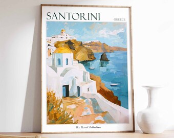 Santorini Poster, Santorini Travel Print, Greece Travel Poster, Tropical Decor, Beach Art, Travel Gift, Floral Print, Coastal Decor