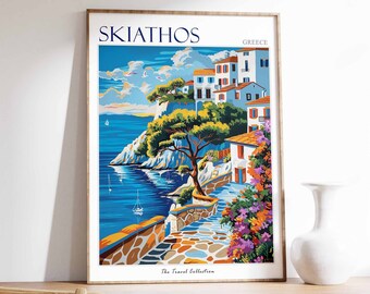 May include: A framed art print of Skiathos, Greece, featuring a coastal scene with white buildings, blue accents, and a vibrant blue sea. The artwork includes the text "Skiathos" and "Greece", with a colorful illustration of the island's landscape.