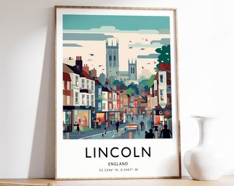 May include: A colorful illustration of a city street scene with a large cathedral in the background. The text "LINCOLN ENGLAND 53.2146° N, 0.5407° W" is printed below the image.