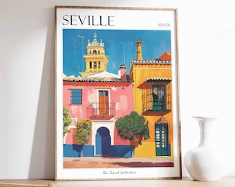 May include: A colorful illustration of buildings in Seville, Spain. The buildings are painted in shades of pink, yellow, and blue. The illustration includes a tall tower with a bell tower, trees, and a blue sky. The text "SEVILLE" and "SPAIN" are at the top of the illustration. The text "The Travel Collection" is at the bottom of the illustration.