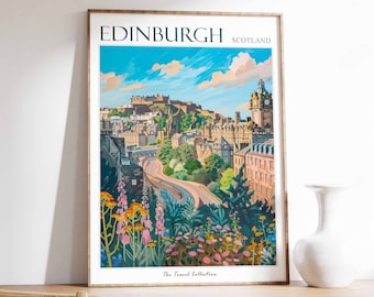 May include: A vintage travel poster featuring a colorful illustration of Edinburgh Castle and the city skyline. The poster is titled "EDINBURGH SCOTLAND" and includes the text "The Travel Collection".